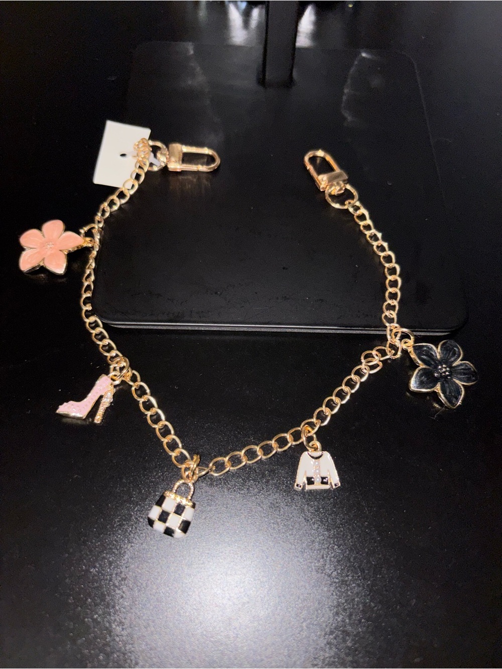 Gold-Tone Bag Charm with Pink and Black Enamel Accents - Women’s Bag Jewelry